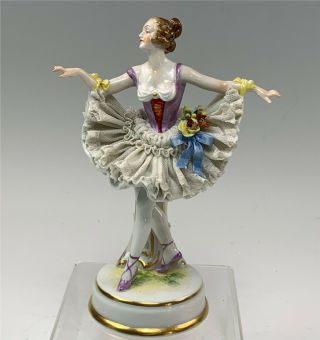 Antique German Ballerina In Tutu Figurine,  Porcelain Lace Skirt