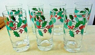 Set Of 7 Vintage Christmas Holly & Red Berries Drinking Glasses 12 Oz Tumblers