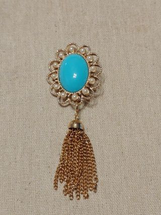 Vintage Signed Sarah Coventry Faux Turquoise & Pearl Gold Tone Tassel Brooch