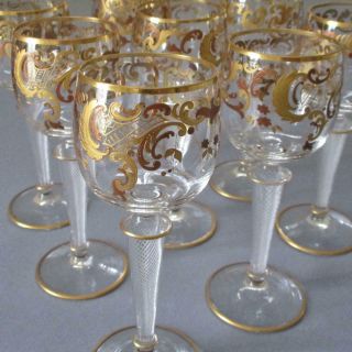 8 Antique Moser Wine Glasses Ornate Gilt Enamel Air Twist Stems Josephinenhutte