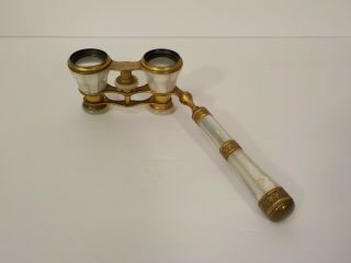 Iris Paris French Brass & Mother - Of - Pearl Opera Glasses With Handle,  C.  1900
