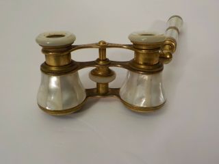 IRIS Paris French Brass & Mother - of - Pearl Opera Glasses with Handle,  c.  1900 6