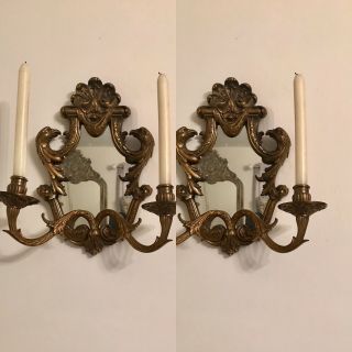 Antique French 1880s Brass Candle Mirror Wall Sconces Lights Eagle Heads