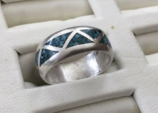 Vtg Navajo Native American Sterling Silver & Turquoise Wedding Band Size 7 Ring