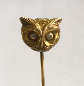Antique Art Nouveau 14k Stick Pin With Owls Head & Diamond Eyes