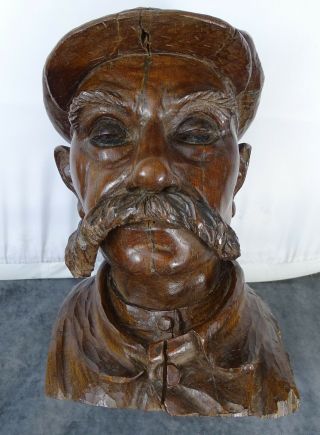 11.  5 " H - Antique French Wood Oak Hand Carved Bust Of Man - Stamped J.  Kerautret