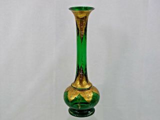 Very Large Antique Bohemian Moser Glass Vase Enamel Green Gold Islamic Taste 19c