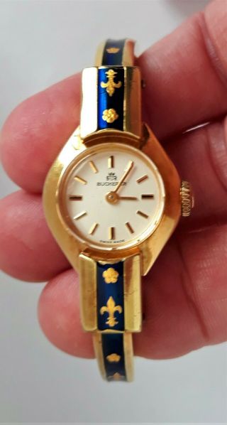 Bucherer Swiss Women 14k Gold Bangle Cuff Women Watch 17 Jewels Enameled