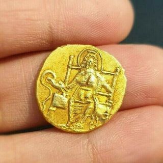 Real Ancient Kushan King Holding Scepter And Buddha Solid 22k Gold Coin