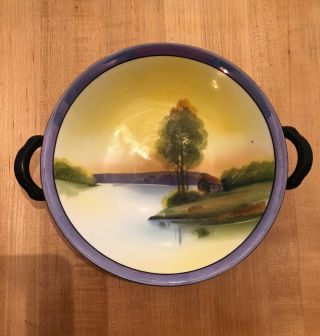Vintage Noritake M Hand Painted Pedestal Bowl With Cottage And Water Scene