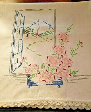 Vintage Linen Dresser Scarf Table Runner Handmade 38 X 15 Floral Scene