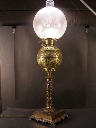 19 C Victorian Signed B&h Lamp Ball Shade Gwtw Parlor Banquet Kerosene Oil Lamp