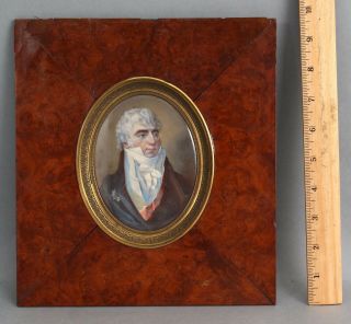 Antique 1810 Regency Period Diplomat,  Miniature Portrait Painting,  Burl Frame Nr