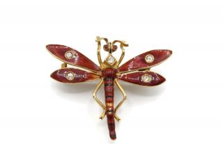 Antique 18k Gold Enamel 1/4 Ctw Old Mine Cut Diamond Dragonfly Brooch Pin