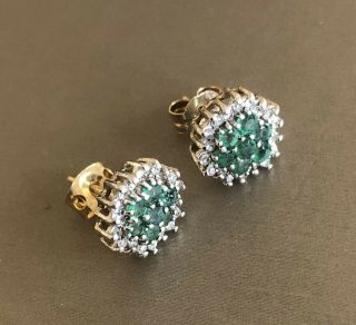 Antique Art Deco 9ct Yellow Gold Emerald And Diamond Earrings Cluster