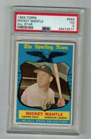 1959 Topps Baseball Mickey Mantle All Star 564 Psa 3 Vg York Yankees