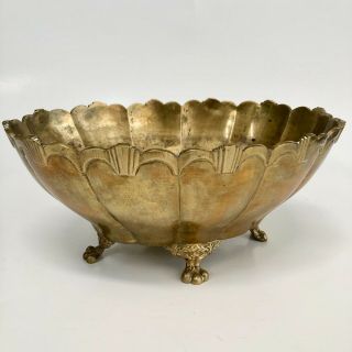 Art Deco Scalloped Edge Heavy Solid Brass Footed Bowl Vintage India
