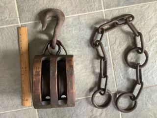 Vintage Wood Block Tackle Double Pulley Wrought Iron Hook & Chain