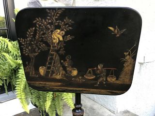 Antique Chinoiserie English Tilt Top Candle Stand Tea Table Lacquered Decoration 2