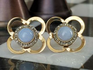 Antique Natural Moonstone And Diamonds 14k Yellow Gold Clover Earrings 5.  4 Grams