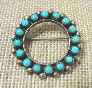 Vintage Zuni Petit Point Turquoise Sterling Silver Circle Pin Brooch Signed Ezr