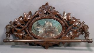 19thc Antique German Black Forest Style Victorian Carved Wood Mirror Towel Rack