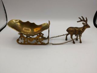 Vintage Brass Reindeer And Sleigh,  Shelve Christmas Ornament / Candy Dish 12 "