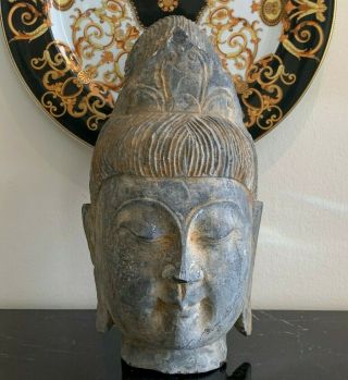 Old And Heavy Chinese Carved Stone Head Statue
