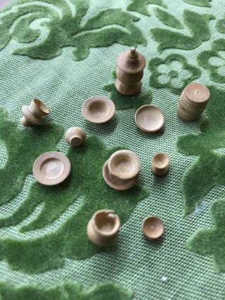 Vintage Wooden Doll House Tea Set Carved Wood Saucer Cup Goblet Urn Vase Mug