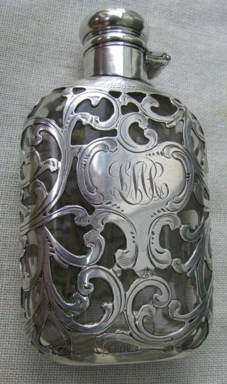 Fine American Antique Ornate Sterling Silver Engraved Filigreed 4 " Pocket Flask
