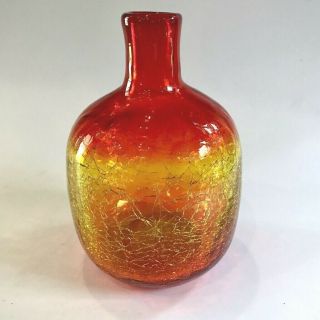 Vtg Mcm 5 - 3/4 " Blenko Tangerine Amberina Crackle Glass Candle Holder Vase Bottle