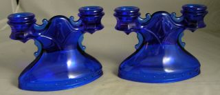 L.  E.  Smith Set Of 2 Vintage Cobalt Blue Glass Double Candle Holders Exc.