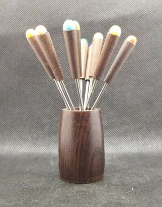 Vtg Vintage Mcm Mid Century Modern Fondue Fork Set With Wood Container