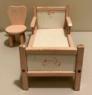 Vintage 1955 Vogue Ginny Doll Wooden Pink/white Bed & Chair