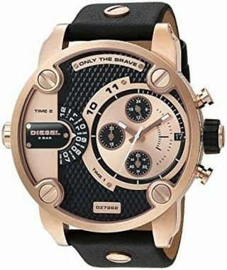Diesel Little Daddy Dz7282 Black Leather Band With Rose Gold Tone Men 