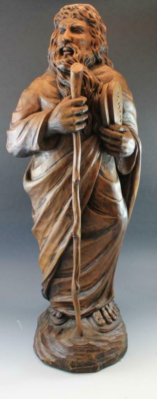 Large Vintage Wood Figural Sculpture Of A Standing Moses Signed M.  Barradas
