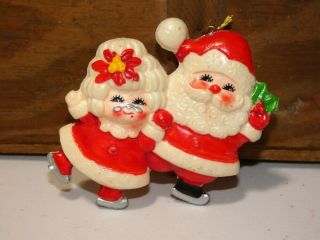 Vintage Christmas Blow Mold Santa And Mrs Claus Skating Ornament Japan