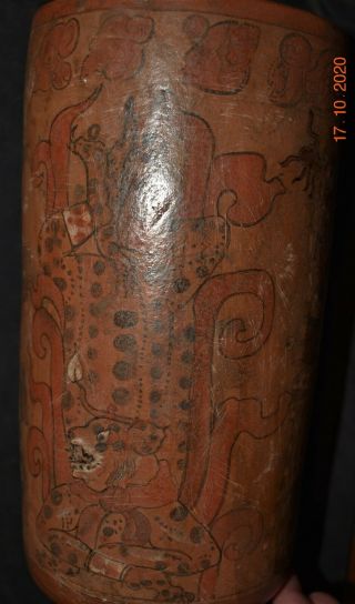 Pre Columbian Mayan Crypt Vase,  Jaquar,  Glyphs Huge 9 " Prov