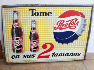 Vintage Antique Tome Pepsi Cola Mexican Embossed Tin Metal Sign Adv From 50´s 4