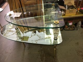 Vtg.  Italian 2 Tier Hollywood Regency Glass & Brass Mirror Side Table,  End Table