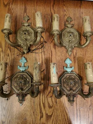 Antique 1920s Set Of 4 Ornate Cast Iron Wall Sconce By Lowry Electric Co.