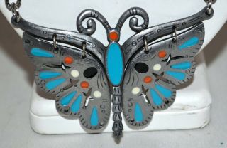 Vintage Celebrity Articulated Blue Black & Red Enamel Butterfly Pewter Necklace 2