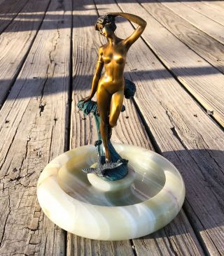 Bronze Art Deco Nude Woman Standing On Blue Wave White Marble Cigarette Ashtray
