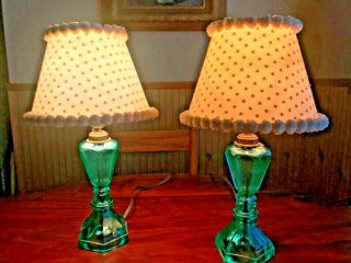 Vintage Antique Pair Jade Emerald Green Depression Glass Vanity Lamps