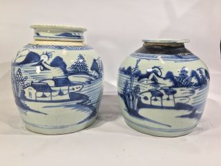 Antique Chinese Ming Dynasty Blue And White Blue Canton Export Ginger Jar Pair