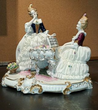Large Unterweissbach German Porcelain Lace Figurine Two Ladies At A Piano.