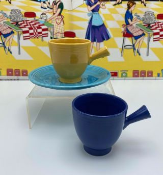 2 Vintage Fiestaware Demitasse Cups And Saucer Yellow Cobalt Turquoise