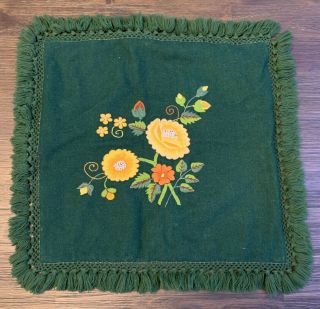 Vintage Embroidered Crewel Throw Pillow Cover Flowers Tassel Fringe 15” X 15”