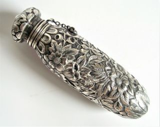 Antique Sterling Silver Floral Repousse Perfume Vial Victorian Scent Bottle 925