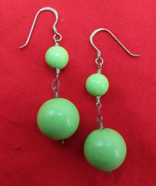 Vintage Sterling Silver Pierced Earrings Green Gemstone Hoops Statement 333r